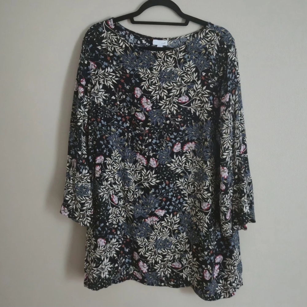 J.Jill Floral Print Ruffle Sleeve Boat-Neck Tunic Blouse Top Women's XL Boho